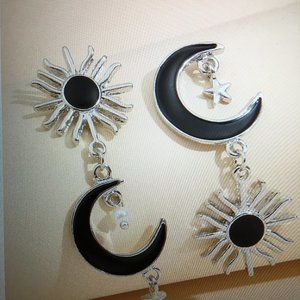 Silvertone Moon Star Earrings  Large Size 2 inches long  Dr2